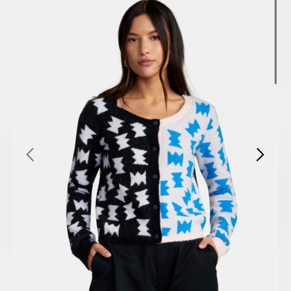NWT RVCA LP X KLW inverted cardigan sweater. Black, white, blue. Size M